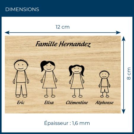 Plaque de maison Family personnalisée avec 4 membres pour boite aux lettres - Format 12x8 cm - Effet bois clair