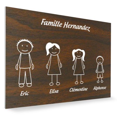 Plaque de maison Family personnalisée avec 4 membres pour boite aux lettres - Format 12x8 cm - Effet bois foncé