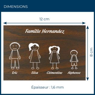 Plaque de maison Family personnalisée avec 4 membres pour boite aux lettres - Format 12x8 cm - Effet bois foncé