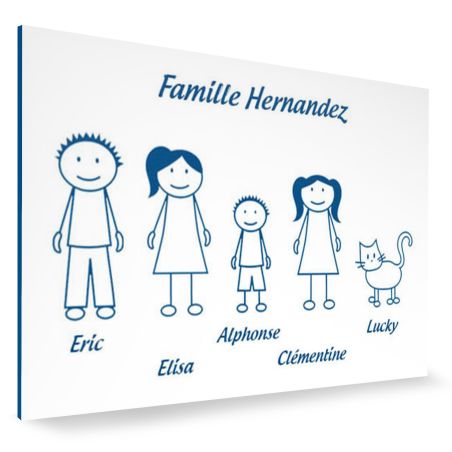 Plaque de maison Family personnalisée avec 5 membres pour boite aux lettres - Format 12x8 cm - Couleur blanche / bleue