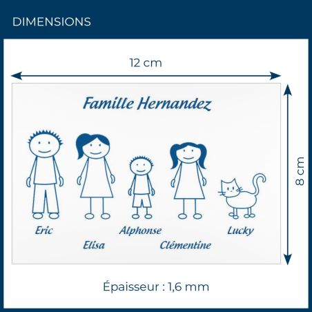 Plaque de maison Family personnalisée avec 5 membres pour boite aux lettres - Format 12x8 cm - Couleur blanche / bleue