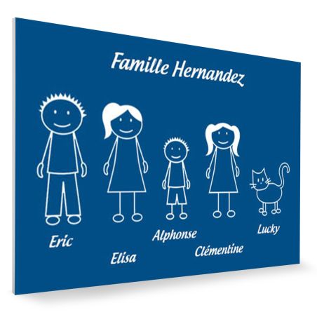 Plaque de maison Family personnalisée avec 5 membres pour boite aux lettres - Format 12x8 cm - Couleur bleue
