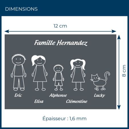 Plaque de maison Family personnalisée avec 5 membres pour boite aux lettres - Format 12x8 cm - Couleur grise