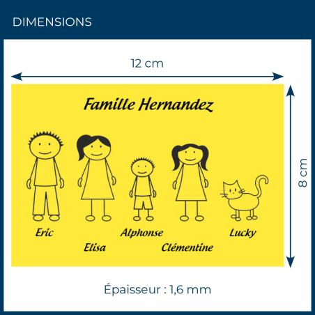 Plaque de maison Family personnalisée avec 5 membres pour boite aux lettres - Format 12x8 cm - Couleur jaune / noire