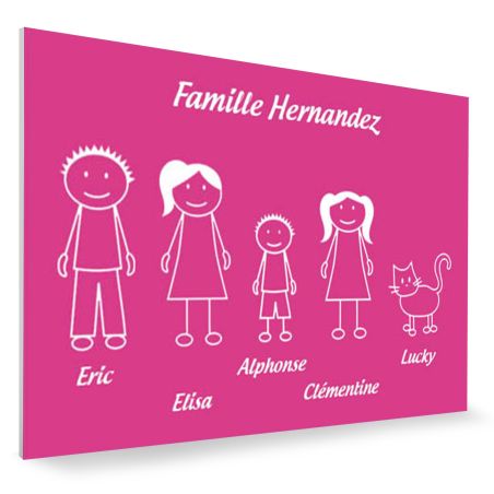 Plaque de maison Family personnalisée avec 5 membres pour boite aux lettres - Format 12x8 cm - Couleur Rose / blanc