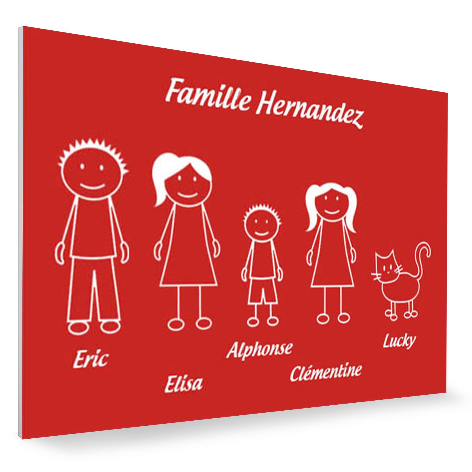 Plaque de maison Family personnalisée avec 5 membres pour boite aux lettres - Format 12x8 cm - Couleur rouge / blanc