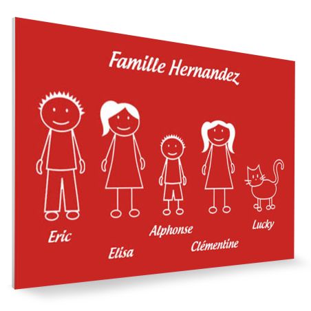Plaque de maison Family personnalisée avec 5 membres pour boite aux lettres - Format 12x8 cm - Couleur rouge / blanc