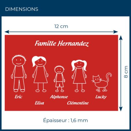 Plaque de maison Family personnalisée avec 5 membres pour boite aux lettres - Format 12x8 cm - Couleur rouge / blanc