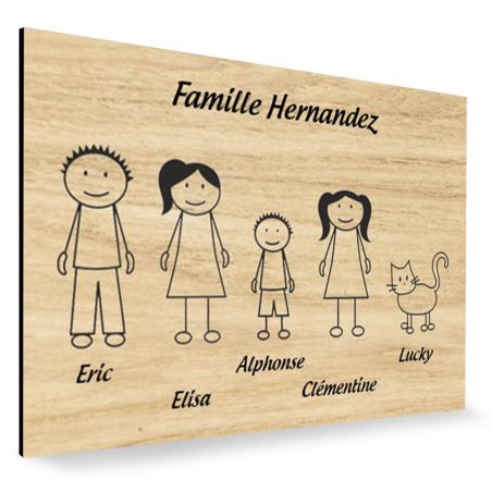 Plaque de maison Family personnalisée avec 5 membres pour boite aux lettres - Format 12x8 cm - Effet bois clair