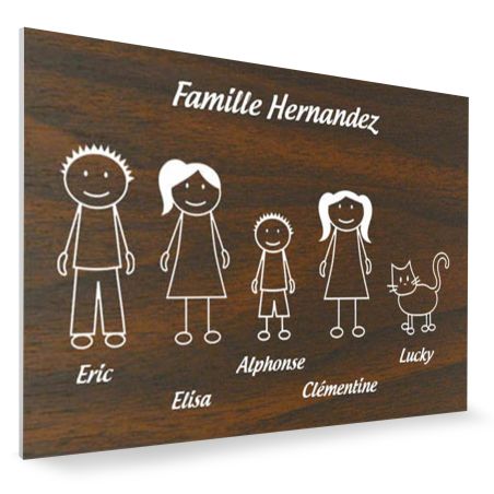 Plaque de maison Family personnalisée avec 5 membres pour boite aux lettres - Format 12x8 cm - Effet bois foncé