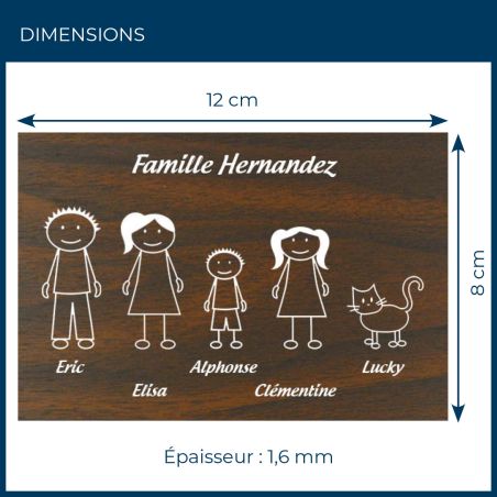 Plaque de maison Family personnalisée avec 5 membres pour boite aux lettres - Format 12x8 cm - Effet bois foncé