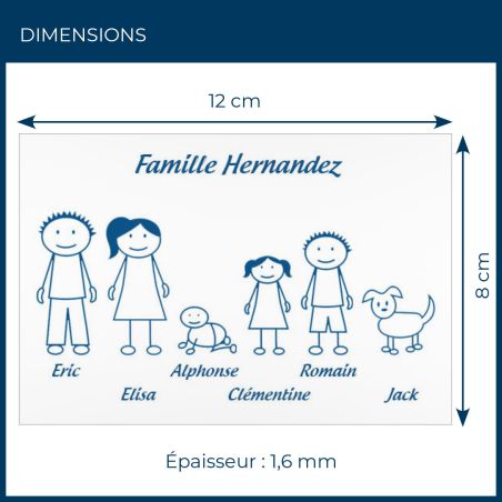 Plaque de maison Family personnalisée avec 6 membres pour boite aux lettres - Format 12x8 cm - Couleur blanche / bleue