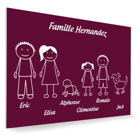 Plaque de maison Family personnalisée avec 6 membres pour boite aux lettres - Format 12x8 cm - Couleur bordeaux