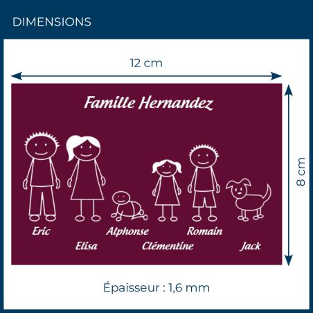 Plaque de maison Family personnalisée avec 6 membres pour boite aux lettres - Format 12x8 cm - Couleur bordeaux
