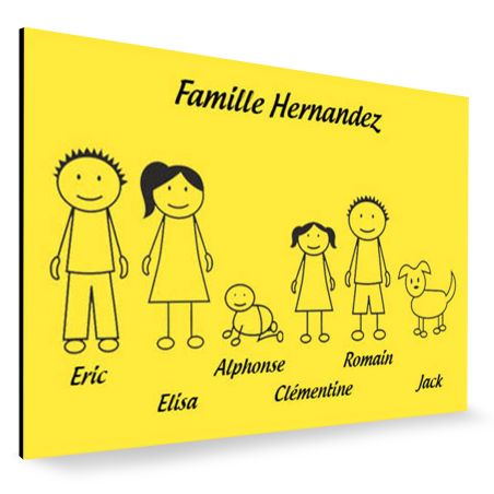 Plaque de maison Family personnalisée avec 6 membres pour boite aux lettres - Format 12x8 cm - Couleur jaune / noire