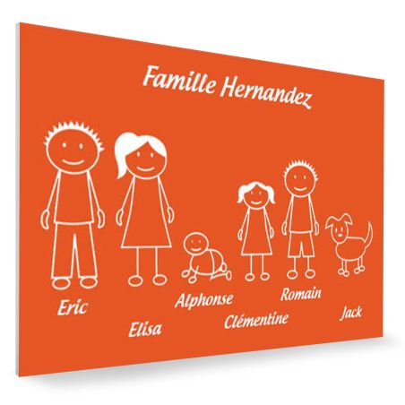 Plaque de maison Family personnalisée avec 6 membres pour boite aux lettres - Format 12x8 cm - Couleur orange