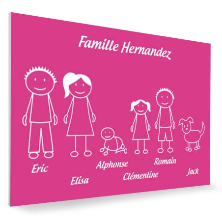 Plaque de maison Family personnalisée avec 6 membres pour boite aux lettres - Format 12x8 cm - Couleur Rose / blanc