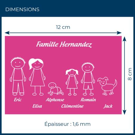 Plaque de maison Family personnalisée avec 6 membres pour boite aux lettres - Format 12x8 cm - Couleur Rose / blanc