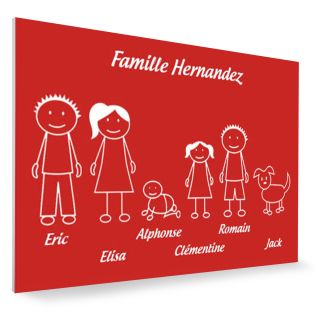 Plaque de maison Family personnalisée avec 6 membres pour boite aux lettres - Format 12x8 cm - Couleur rouge / blanc