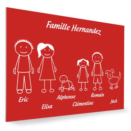Plaque de maison Family personnalisée avec 6 membres pour boite aux lettres - Format 12x8 cm - Couleur rouge / blanc