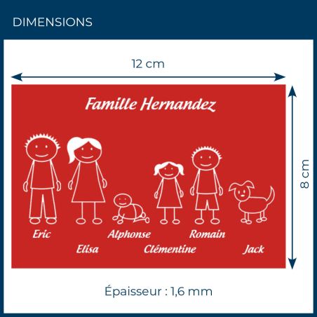 Plaque de maison Family personnalisée avec 6 membres pour boite aux lettres - Format 12x8 cm - Couleur rouge / blanc