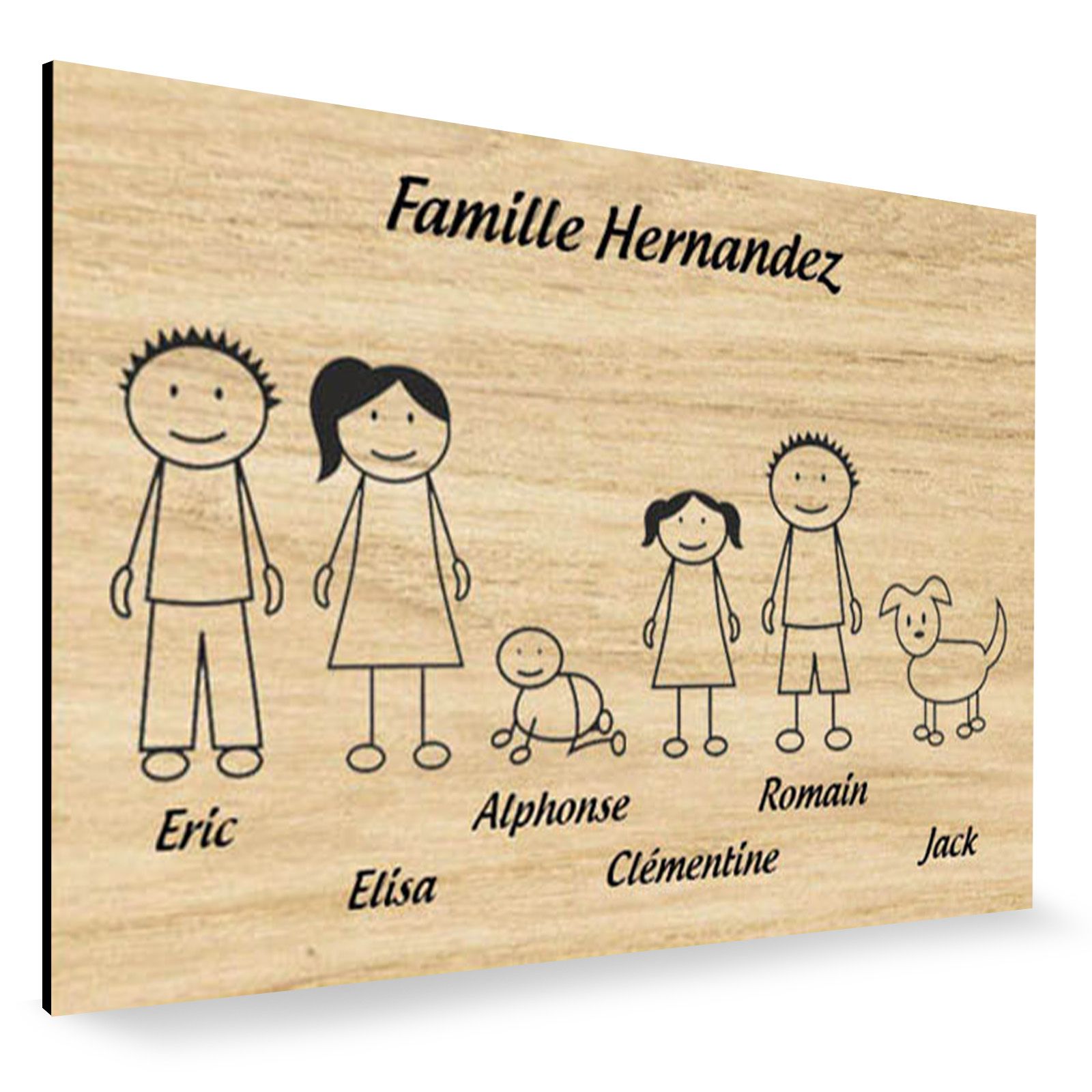Plaque de maison Family personnalisée avec 6 membres pour boite aux lettres - Format 12x8 cm - Effet bois clair