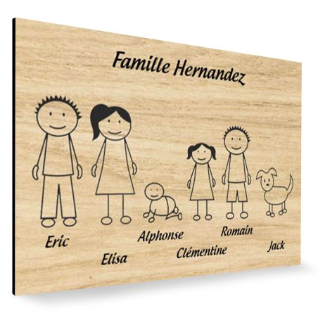 Plaque de maison Family personnalisée avec 6 membres pour boite aux lettres - Format 12x8 cm - Effet bois clair