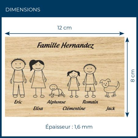 Plaque de maison Family personnalisée avec 6 membres pour boite aux lettres - Format 12x8 cm - Effet bois clair