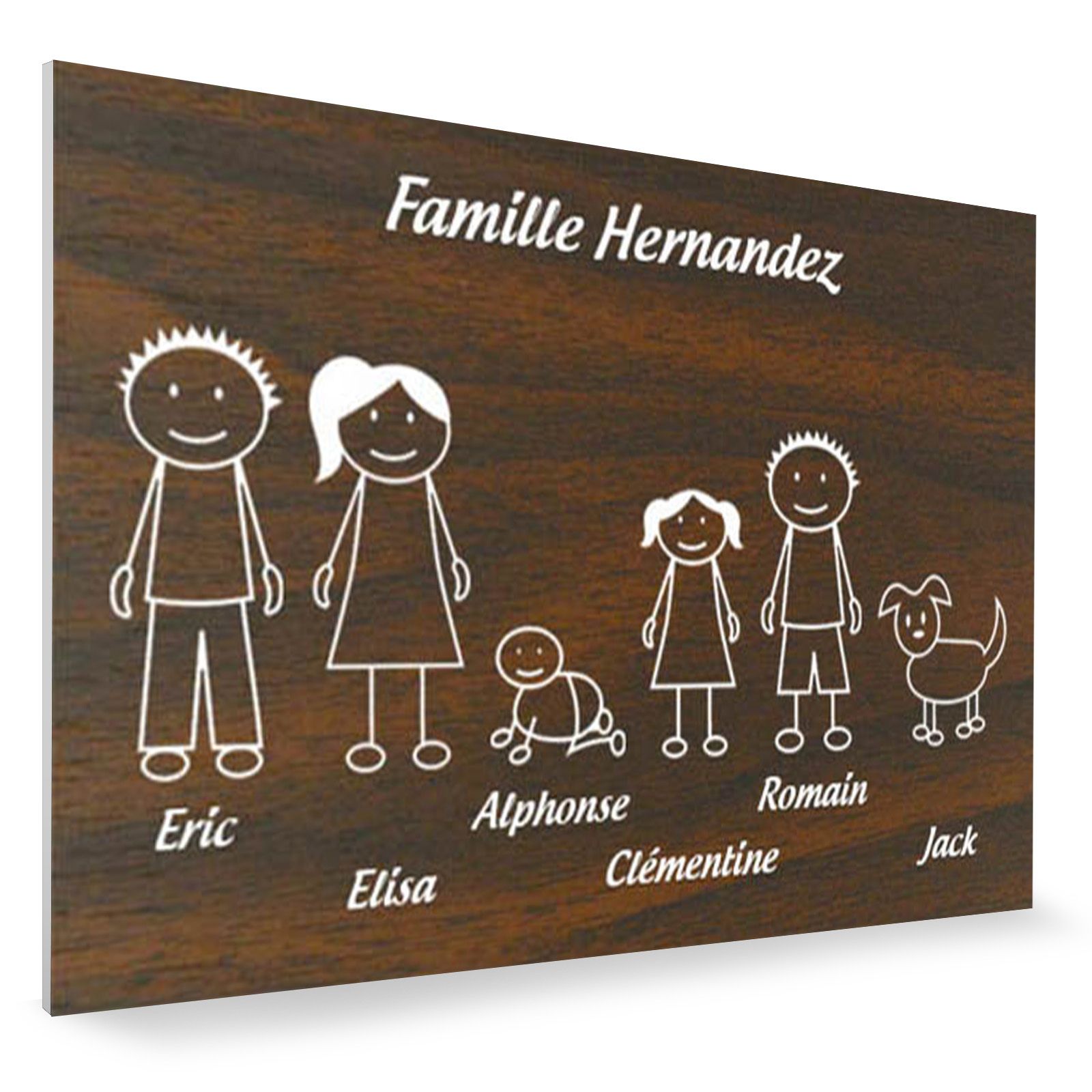 Plaque de maison Family personnalisée avec 6 membres pour boite aux lettres - Format 12x8 cm - Effet bois foncé