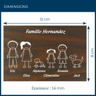 Plaque de maison Family personnalisée avec 6 membres pour boite aux lettres - Format 12x8 cm - Effet bois foncé
