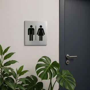 Pictogramme WC format 20 cm x 20 cm en Dibond Aluminium brossé - Modèle toilettes Homme / Femme