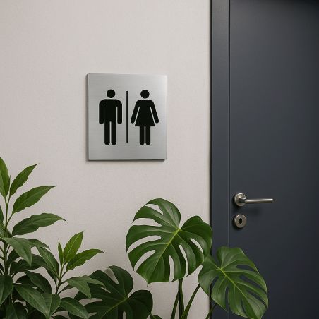 Pictogramme WC format 20 cm x 20 cm en Dibond Aluminium brossé - Modèle toilettes Homme / Femme