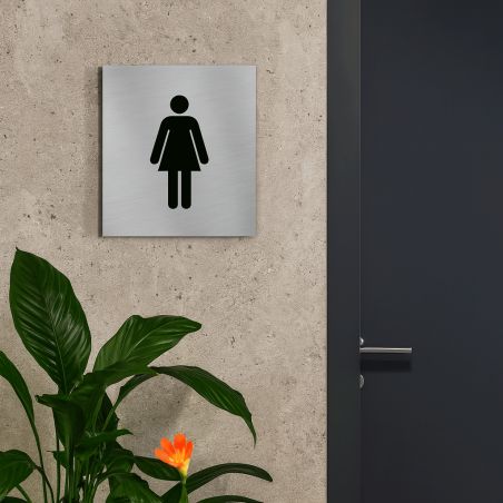 Pictogramme WC format 20 cm x 20 cm en Dibond Aluminium brossé - Modèle toilettes Femme
