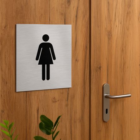 Pictogramme WC format 20 cm x 20 cm en Dibond Aluminium brossé - Modèle toilettes Femme