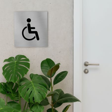 Pictogramme WC format 20 cm x 20 cm en Dibond Aluminium brossé - Modèle toilettes PMR Handicapé