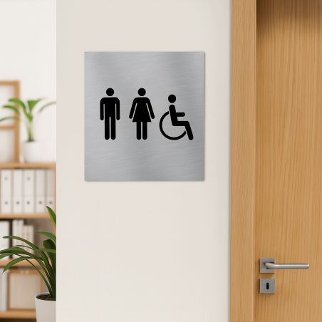 Pictogramme WC format 20 cm x 20 cm en Dibond Aluminium brossé - Modèle toilettes TRIO