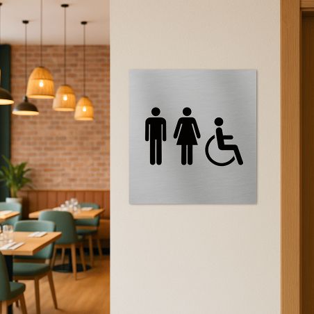 Pictogramme WC format 20 cm x 20 cm en Dibond Aluminium brossé - Modèle toilettes TRIO