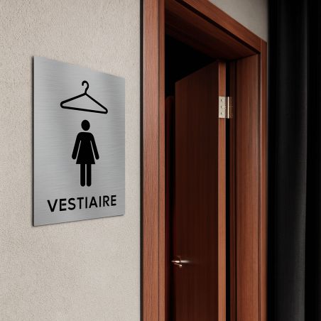 Pictogramme format 20 cm x 20 cm en Dibond Aluminium brossé - Modèle Vestiaire Femme