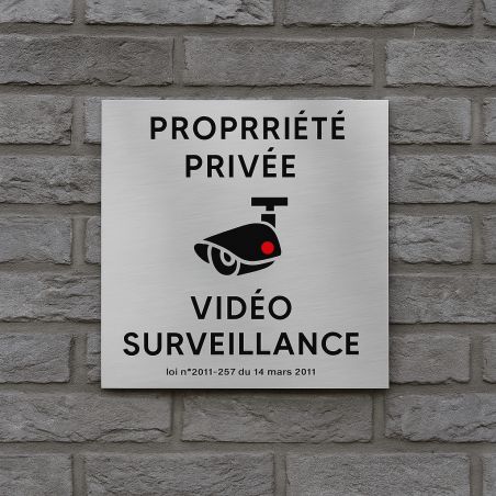 Pictogramme format 20 cm x 20 cm en Dibond Aluminium brossé - Modèle Vidéo surveillance propriété privée