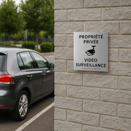 Pictogramme format 20 cm x 20 cm en Dibond Aluminium brossé - Modèle Vidéo surveillance propriété privée
