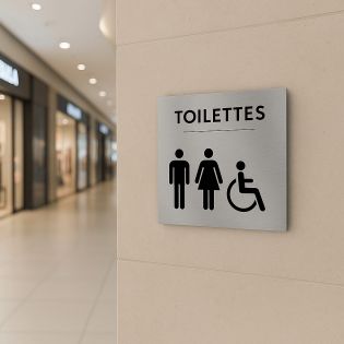 Pictogramme format 20 cm x 20 cm en Dibond Aluminium brossé - Modèle Toilettes icones trio