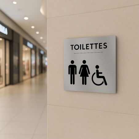 Pictogramme format 20 cm x 20 cm en Dibond Aluminium brossé - Modèle Toilettes icones trio
