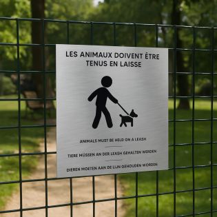 Pictogramme format 20 cm x 20 cm en Dibond Aluminium brossé - Modèle Chien en laisse multilingue