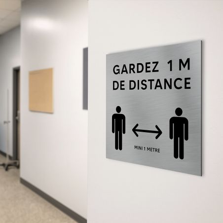 Pictogramme format 20 cm x 20 cm en Dibond Aluminium brossé - Modèle Distanciation sociale 1 mètre