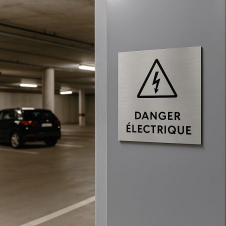 Pictogramme format 20 cm x 20 cm en Dibond Aluminium brossé - Modèle Danger électrique