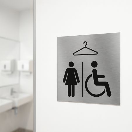 Pictogramme format 20 cm x 20 cm en Dibond Aluminium brossé - Modèle Vestiaire Femmes / PMR