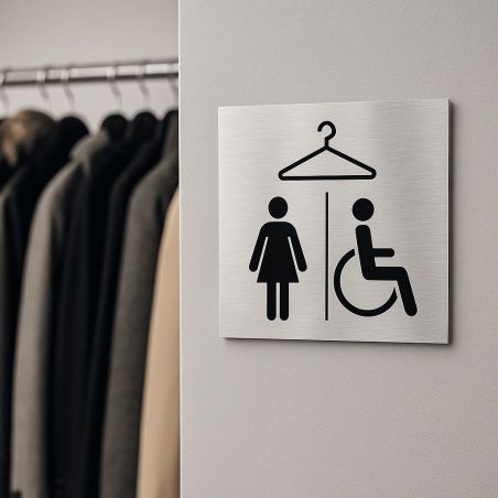 Pictogramme format 20 cm x 20 cm en Dibond Aluminium brossé - Modèle Vestiaire Femmes / PMR
