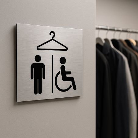 Pictogramme format 20 cm x 20 cm en Dibond Aluminium brossé - Modèle Vestiaire Hommes / PMR