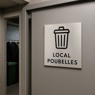 Pictogramme format 20 cm x 20 cm en Dibond Aluminium brossé - Modèle Local poubelles