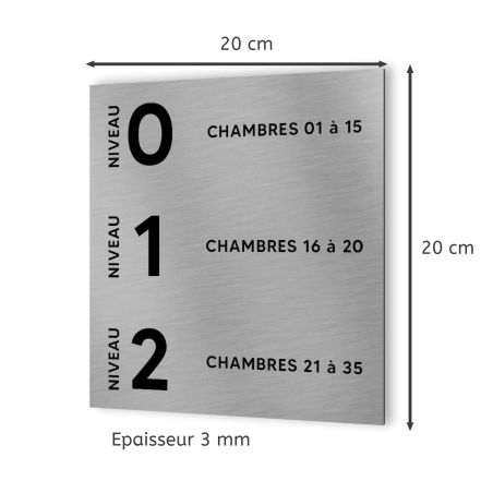 Panneau numéros de chambres et d'étage pour hôtel - Format 20 cm x 20 cm en Dibond Aluminium brossé -Numéros personnalisables